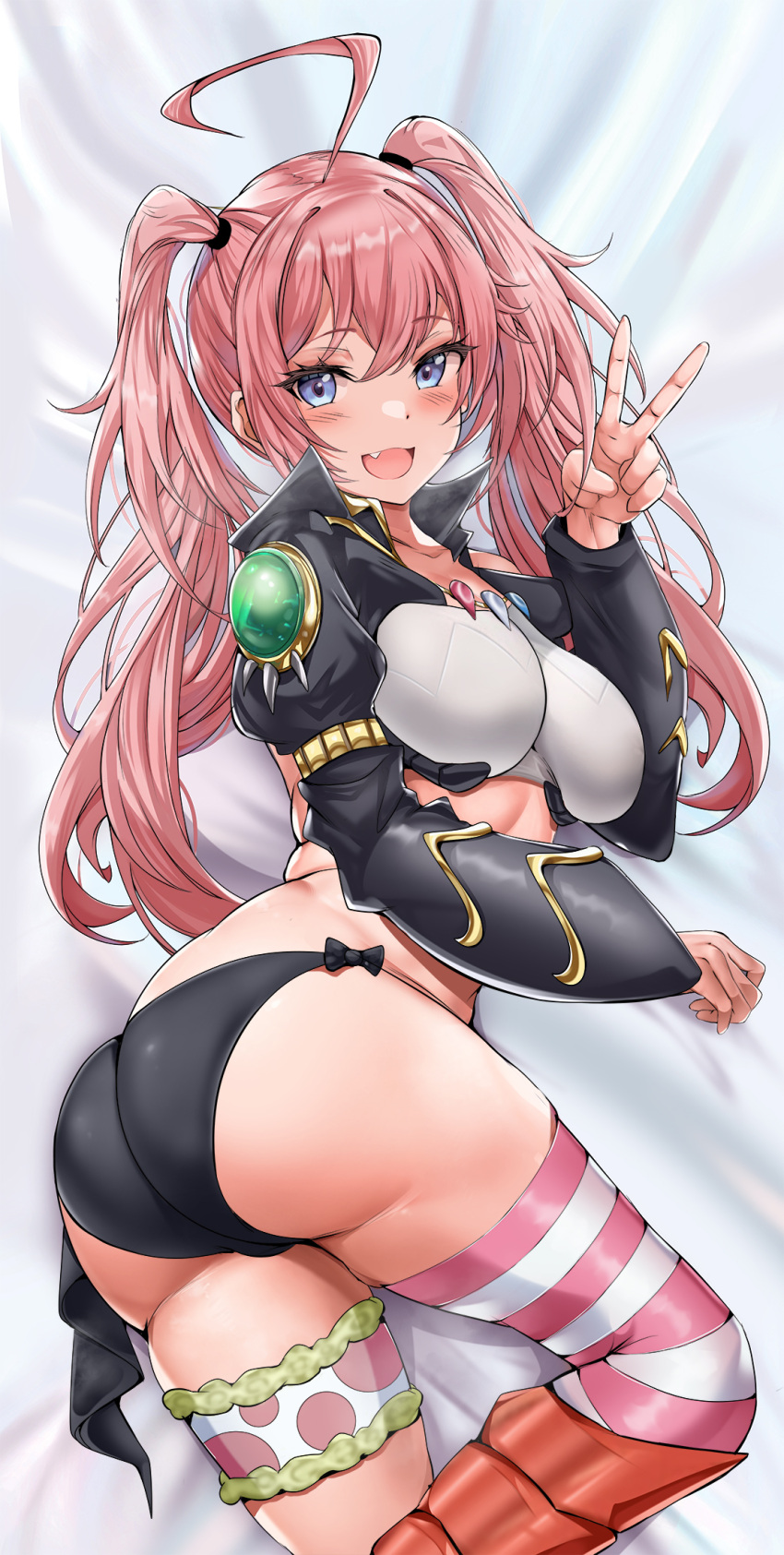 1girl ahoge ass asymmetrical_legwear black_cape black_panties blue_eyes blush bow bow_panties breasts cape commentary_request dakimakura_(medium) fang highres jewelry juliet_sleeves leg_wrap long_hair long_sleeves lying medium_breasts midriff milim_nava mismatched_legwear on_side open_mouth panties pink_hair polka_dot puffy_sleeves smile solo striped striped_thighhighs t3x tensei_shitara_slime_datta_ken thighhighs twintails underwear