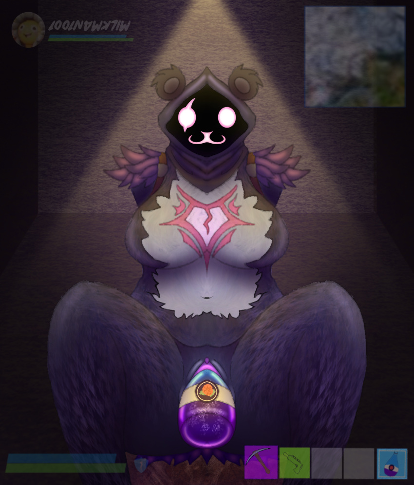 anthro bear big_breasts breasts butt clothed clothing digital_media_(artwork) epic_games eye_contact eye_scar facial_scar female fur genitals hi_res humanoid looking_at_another looking_at_viewer mammal nude object_in_pussy object_insertion purple_body pussy raven_team_leader scar simple_background solo text thick_thighs xenolith0