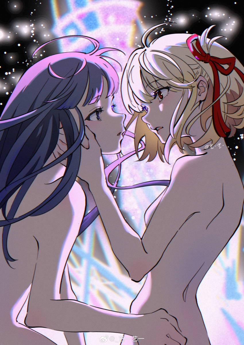 2girls absurdres antenna_hair black_background blonde_hair breasts chinese_commentary commentary_request cowboy_shot eye_contact eyelashes face-to-face from_side hair_ribbon hand_on_another's_cheek hand_on_another's_face hand_on_another's_waist highres inoue_takina light_particles long_hair looking_at_another lycoris_recoil multiple_girls nishikigi_chisato no_nipples nude one_side_up open_mouth parted_lips purple_hair red_eyes red_ribbon ribbon short_hair shoulder_blades small_breasts teeth upper_teeth_only watermark weibo_logo weibo_username yiyi_yiyi yuri