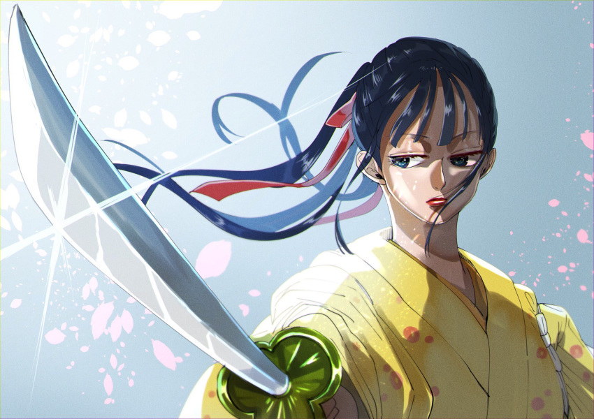 1boy blue_eyes commentary_request floating_hair highres holding holding_sword holding_weapon japanese_clothes kikunojo_(one_piece) kimono looking_to_the_side male_focus one_piece petals piry ponytail red_lips sidelocks solo sword upper_body weapon yellow_kimono