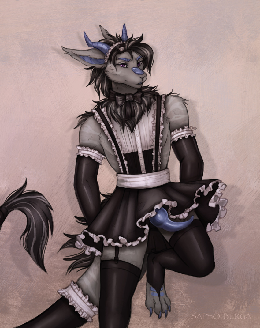 absurd_res anthro clothed clothing hi_res horn maid_uniform male mammal no_underwear sapho_berga simple_background solo uniform vernid