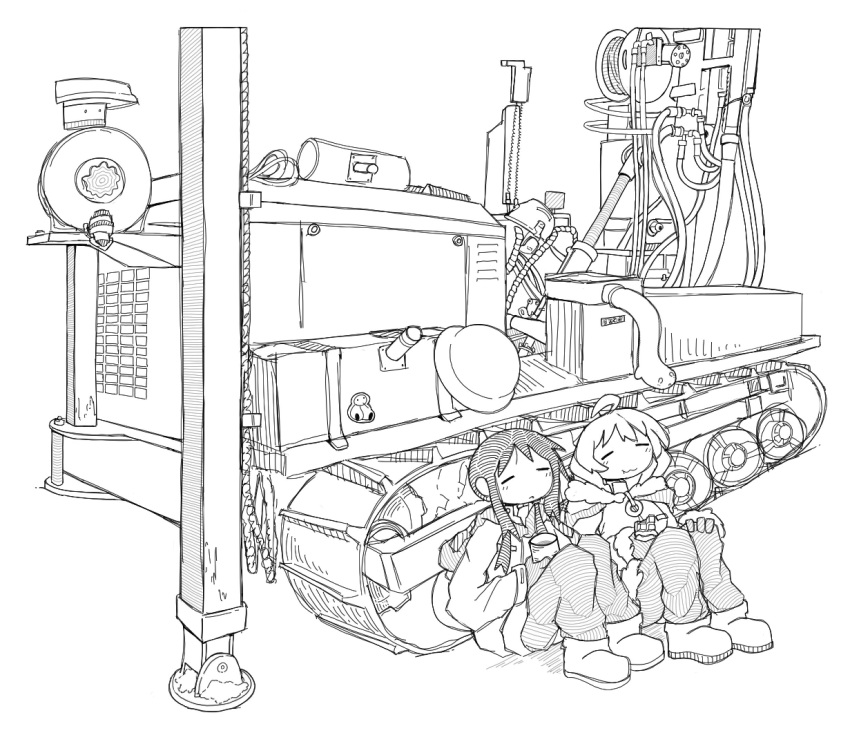 2girls bird birdweon candy chito_(shoujo_shuumatsu_ryokou) chocolate chocolate_bar closed_eyes coffee_mug cup eating food fur_trim helmet highres holding holding_chocolate holding_cup holding_food machine machinery military military_uniform monochrome mug multiple_girls nuko_(shoujo_shuumatsu_ryokou) shoujo_shuumatsu_ryokou sitting sticker uniform wavy_hair yuuri_(shoujo_shuumatsu_ryokou)