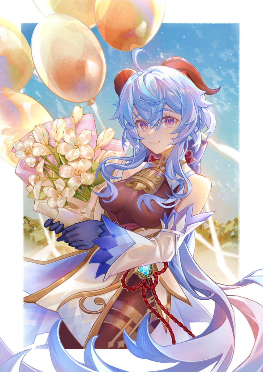 1girl absurdres ahoge arrrrrry1 balloon bangs bare_shoulders bell blue_hair bouquet bow breasts brown_pantyhose chinese_knot cowboy_shot detached_sleeves flower flower_knot ganyu_(genshin_impact) genshin_impact gold_trim highres holding holding_bouquet horns long_hair looking_at_viewer medium_breasts neck_bell pantyhose purple_eyes sidelocks smile solo tassel thighlet vision_(genshin_impact) waist_cape white_flower white_sleeves