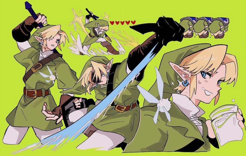 1boy belt blonde_hair blue_eyes brown_belt cup earrings fairy gloves green_tunic hamusitas hat heart highres holding holding_cup hoop_earrings hylian_shield jewelry link male_focus master_sword milk multiple_views navi open_mouth pointy_ears shield shield_on_back short_hair smile sparkle sword the_legend_of_zelda the_legend_of_zelda:_ocarina_of_time tunic weapon