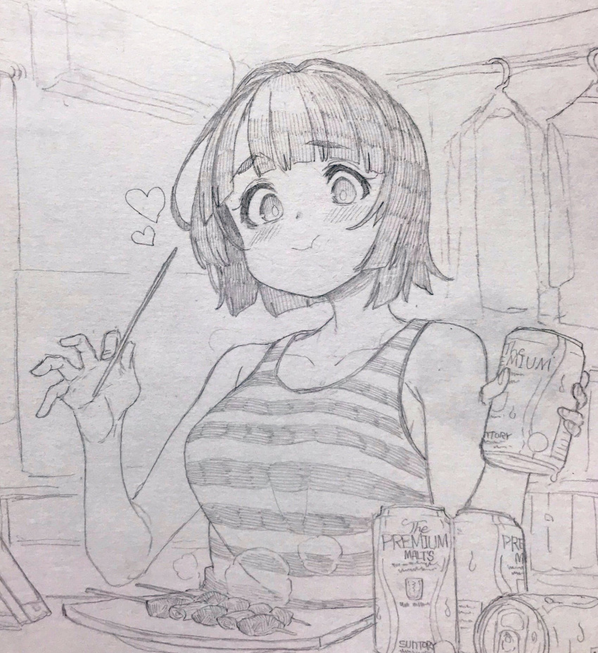 1girl air_conditioner alternate_costume bare_shoulders beer_can blush bob_cut breasts can closed_mouth clothes_hanger collarbone commentary_request condensation drink_can eating food_in_mouth graphite_(medium) greyscale heart highres holding holding_can holding_skewer indoors kyoumachi_seika large_breasts looking_at_viewer monochrome plate raised_eyebrows short_hair skewer solo striped_tank_top tank_top toriniku29 traditional_media upper_body voiceroid