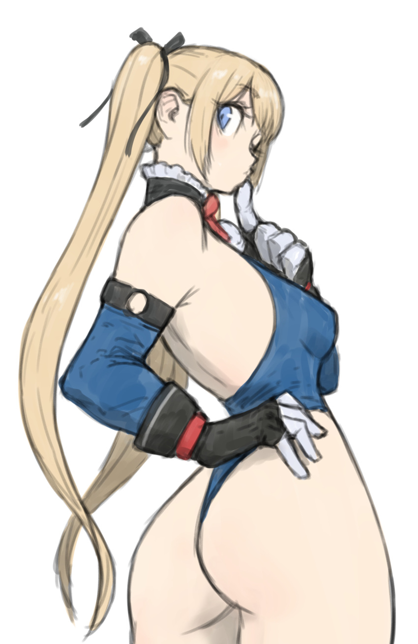 1girl ass blonde_hair blue_eyes breasts dead_or_alive elbow_gloves gloves hand_on_own_hip highres long_hair long_sleeves looking_at_viewer marie_rose medium_breasts open_mouth sidelocks simple_background solo standing toshinoshin twintails white_background