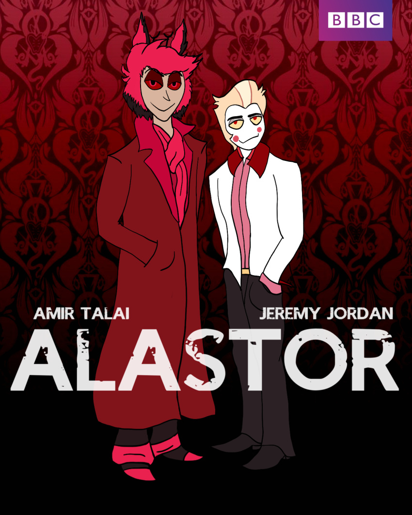 abstract_background alastor_(hazbin_hotel) bbc clothing coat deer demon duo hand_in_pocket hazbin_hotel hi_res human humanoid john_watson looking_at_viewer lucifer_(hazbin_hotel) male male/male mammal movie_poster noseless parody pockets poster reachahighernoon redraw scarf sherlock_holmes sinner_demon topwear trenchcoat