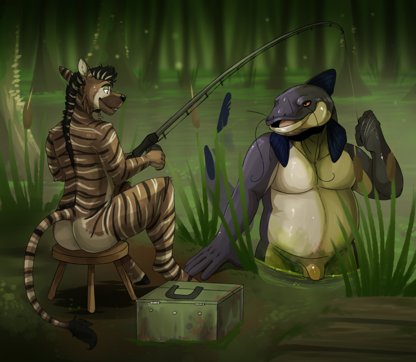 absurd_res anthro balls black_hair brown_body brown_fur butt canid cattail_(plant) duo equid equine fish fishing fishing_rod flaccid fur genitals grass hair hi_res hybrid imperatorcaesar male mammal marine markings nude outside overweight overweight_anthro overweight_male penis plant sitting standing striped_arms striped_back striped_legs striped_markings striped_neck striped_tail stripes swamp tail tail_markings tail_tuft tan_body tan_fur tree tuft water zebra