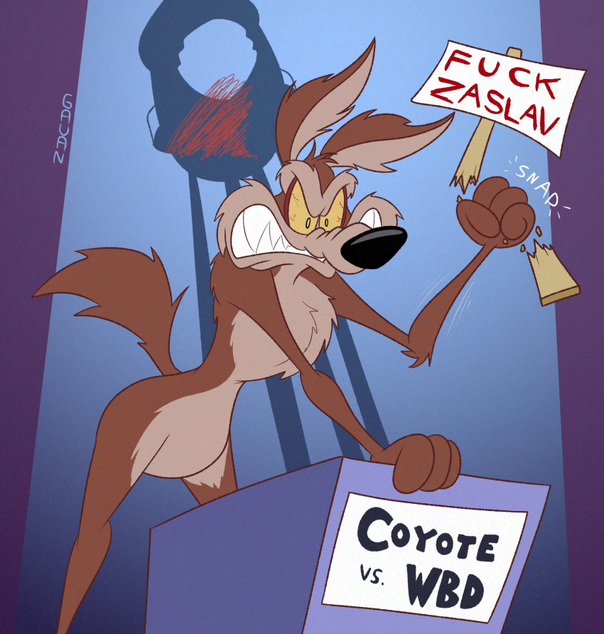 angry anthro canid canine canis coyote coyote_vs._acme fist gavanzude hi_res looney_tunes male mammal protest protest_sign sign solo warner_brothers wile_e._coyote