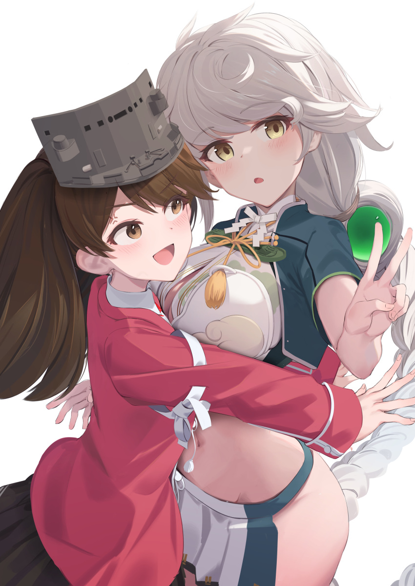 2girls absurdly_long_hair absurdres anger_vein black_skirt blush braid breasts brown_eyes false_smile fingernails flat_chest grey_headwear highres japanese_clothes kantai_collection kariginu kokenashi large_breasts long_hair long_sleeves multiple_girls navel open_mouth pleated_skirt ryuujou_(kancolle) shirt simple_background single_braid skirt smile twintails unryuu_(kancolle) v very_long_hair visor_cap white_background white_hair white_shirt yellow_eyes