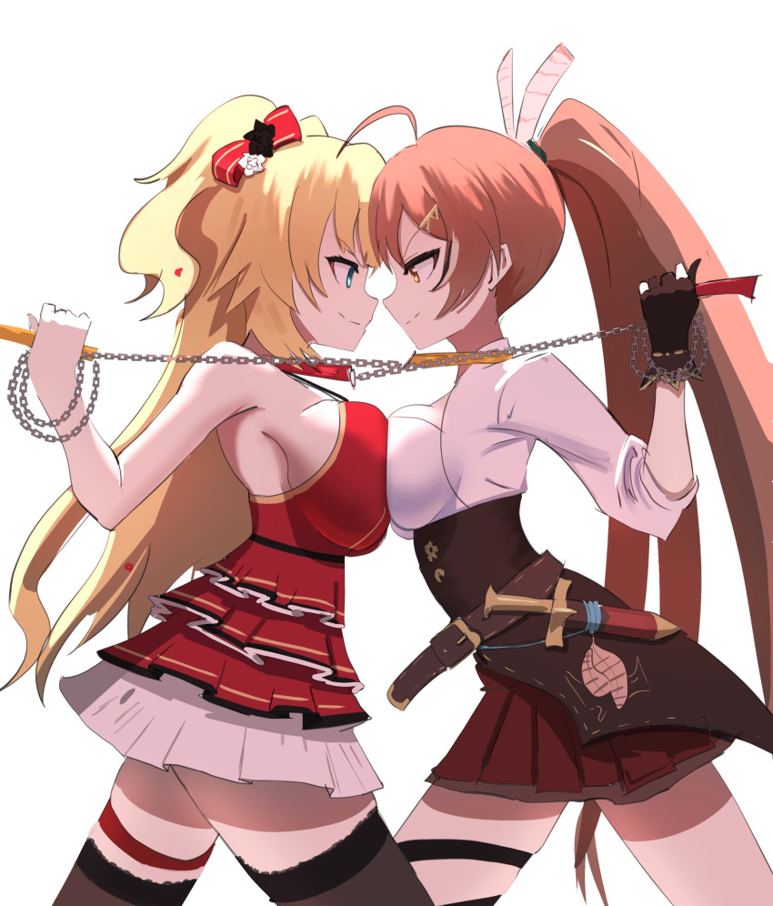 2girls ahoge akai_haato akai_haato_(gothic_lolita) angelchama animal_collar belt blonde_hair blue_eyes breast_press breasts brown_corset brown_eyes brown_hair chain chain_leash collar corset dagger dress eye_contact feather_hair_ornament feathers frilled_skirt frills hair_ornament hair_ribbon highres holding holding_leash hololive hololive_english knife large_breasts leash leash_pull long_hair looking_at_another multicolored_hair multiple_girls nanashi_mumei nanashi_mumei_(1st_costume) official_alternate_costume pleated_skirt ponytail red_collar red_dress red_skirt ribbon shirt single_thighhigh skirt smile streaked_hair symmetrical_docking thigh_strap thighhighs twintails very_long_hair virtual_youtuber weapon white_shirt yellow_collar
