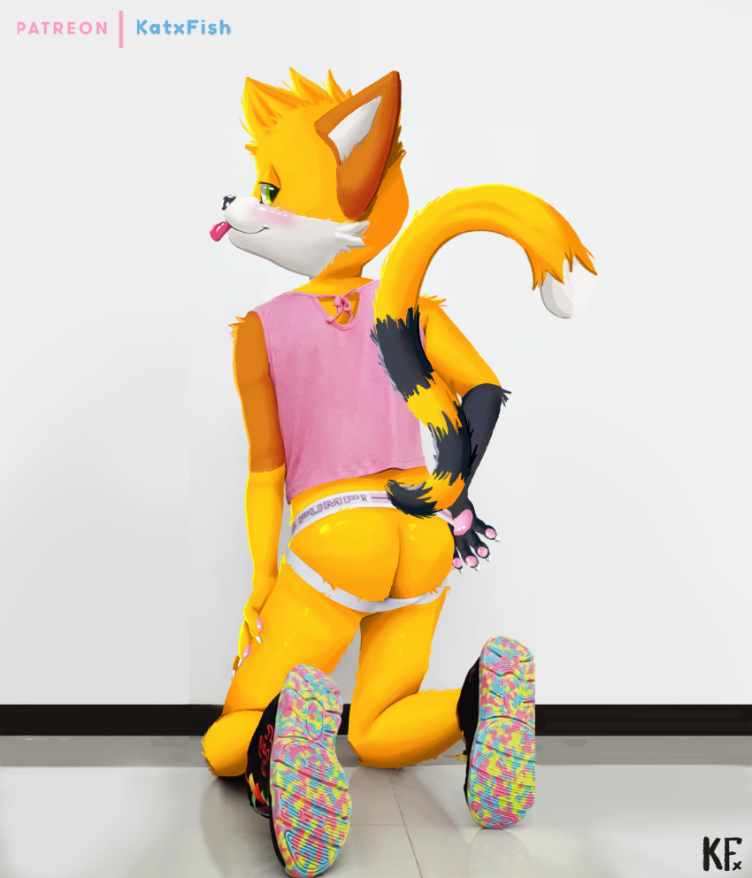 absurd_res anthro butt clothing domestic_cat draw_over felid feline felis footwear hi_res jockstrap katxfish katxlogan male mammal pink_clothing presenting presenting_hindquarters raised_tail shoes sneakers solo tail teasing tongue tongue_out underwear