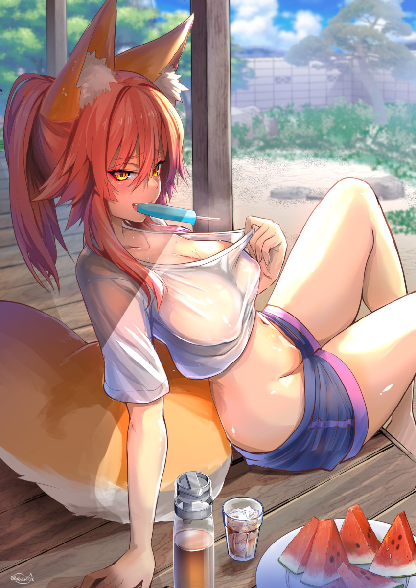 1girl animal_ear_fluff animal_ears backyard breasts deck_(architecture) fang fate/extra fate_(series) food fox_ears fox_girl fox_tail fruit garden highres iced_tea large_breasts midriff nipples no_bra outdoors pink_hair popsicle_in_mouth see-through see-through_shirt shirt short_shorts short_sleeves shorts solo summer sweat t-shirt tail tamamo_(fate) tamamo_no_mae_(fate/extra) thermos tree watermelon watermelon_slice white_shirt wisespeak yellow_eyes