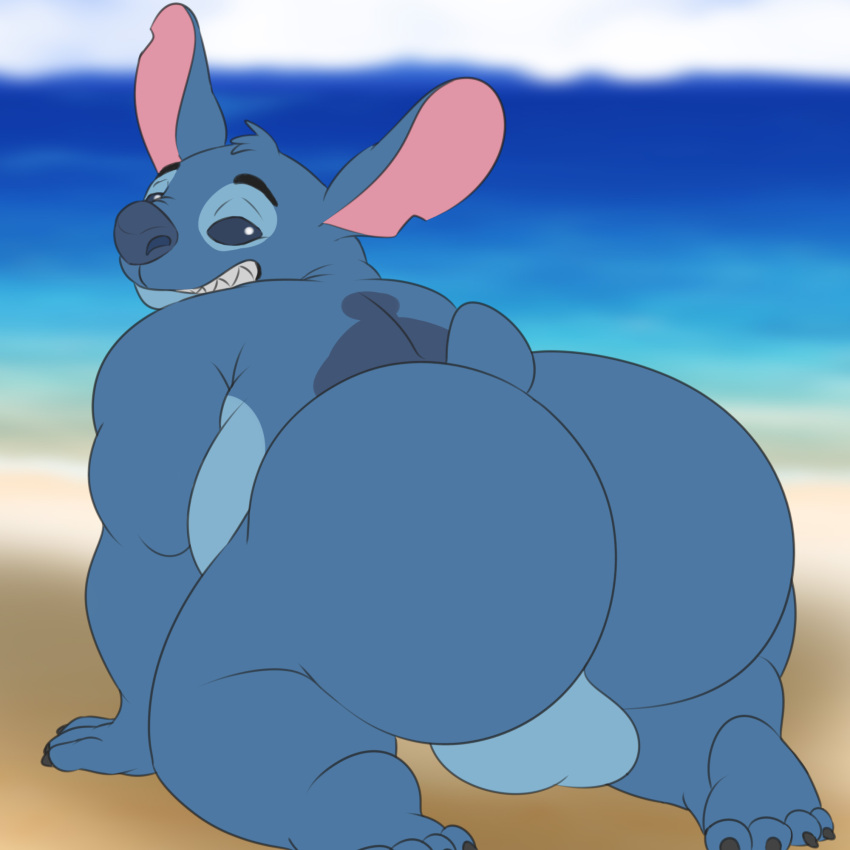 all_fours anthro balls beach big_balls big_butt black_sclera blue_body blue_fur blue_nose butt camp14 disney fur genitals grin hi_res lilo_and_stitch looking_back male nails overweight overweight_male pinup pose presenting rear_view seaside short_tail smile solo stitch_(lilo_and_stitch) tail