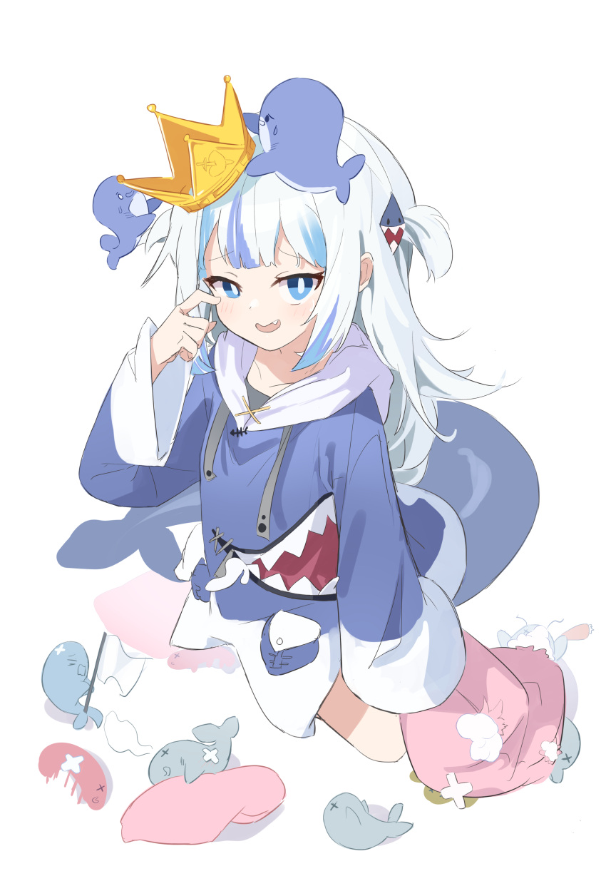 1girl absurdres animal_costume blue_eyes blue_hair blue_hoodie bright_pupils crown fins fish_tail flag gawr_gura gawr_gura_(1st_costume) hair_ornament highres hololive hololive_english holomyth hood hood_down hoodie long_hair multicolored_hair open_mouth shark_costume shark_hair_ornament sidelocks simple_background streaked_hair tail virtual_youtuber wep16night whale white_background white_flag white_hair white_pupils