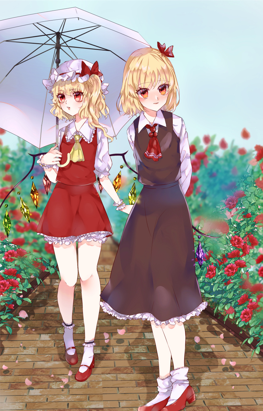 2girls absurdres ascot black_skirt black_vest blonde_hair blush bobby_socks bow closed_mouth collared_shirt crystal day flandre_scarlet flower frilled_shirt_collar frilled_skirt frills full_body hat hat_bow hat_ribbon highres holding holding_umbrella leaf long_sleeves looking_at_viewer mary_janes medium_hair multicolored_wings multiple_girls one_side_up open_mouth outdoors pink_petals puffy_short_sleeves puffy_sleeves red_ascot red_bow red_eyes red_flower red_footwear red_ribbon red_rose red_skirt red_vest ribbon rose rumia shina_(kabocha0906) shirt shoes short_sleeves skirt skirt_set socks touhou umbrella vest walking white_headwear white_shirt white_socks white_umbrella wings yellow_ascot