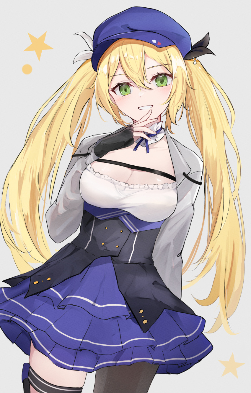 1girl black_gloves blonde_hair blue_headwear breasts cleavage commentary dokibird_(vtuber) dress fingerless_gloves gloves green_eyes grey_background hair_between_eyes highres indie_virtual_youtuber large_breasts long_hair long_sleeves looking_at_viewer shuuzo3 single_leg_pantyhose smile solo symbol-only_commentary teeth thigh_strap twintails very_long_hair