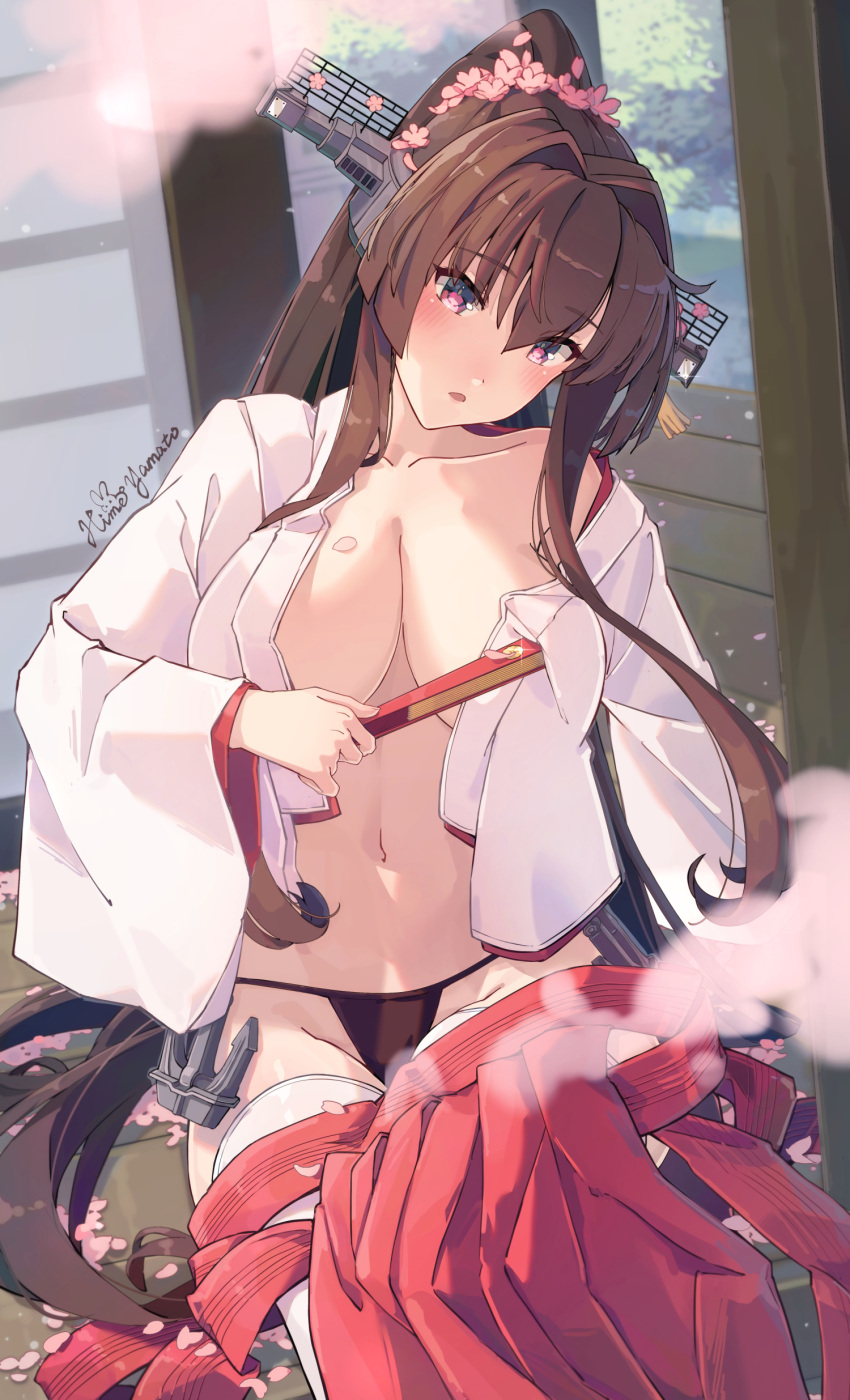 1girl absurdres black_panties breasts brown_hair cherry_blossoms flower folded_fan folding_fan hair_flower hair_intakes hair_ornament hakama hakama_skirt hand_fan headgear highres himeyamato holding holding_fan japanese_clothes kantai_collection kimono large_breasts long_hair navel no_bra open_clothes open_kimono panties ponytail red_eyes red_hakama sidelocks sitting skirt solo thighhighs underwear very_long_hair white_kimono white_thighhighs yamato_(kancolle)