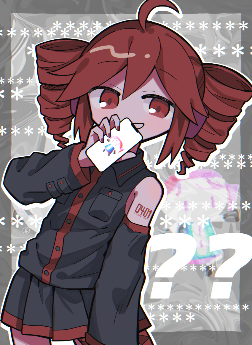 1girl ? ?? absurdres ahoge asterisk_(symbol) black_shirt black_skirt black_sleeves blush border cellphone cellphone_photo chibi chibi_inset collared_shirt commentary_request contrapposto cowboy_shot detached_sleeves drill_hair grey_background grey_border hand_up headphones highres hito_mania_(utau) holding holding_phone kasane_teto looking_at_viewer number_tattoo open_mouth outline outside_border phone red_eyes red_hair richard_(richaball) shirt shoulder_tattoo skirt sleeveless sleeveless_shirt smartphone smile standing tattoo twin_drills utau white_outline