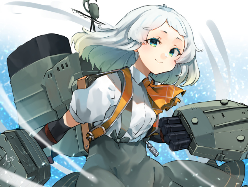 1girl arm_warmers ascot breasts gradient_hair green_eyes green_hair highres kantai_collection looking_at_viewer medium_hair multicolored_hair natsugumo_(kancolle) orange_ascot rigging shirt short_sleeves signature simple_background skirt small_breasts smile solo sunday_aki suspender_skirt suspenders white_hair white_shirt