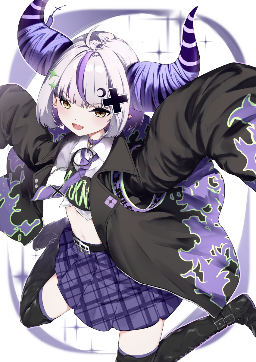 1girl absurdres ahoge black_footwear black_jacket boots breasts choker clothes_writing collared_shirt crescent crescent_hair_ornament cropped_shirt cross_hair_ornament demon_horns ear_piercing fangs grey_hair hair_ornament highres hololive horns jacket la+_darknesss la+_darknesss_(3rd_costume) looking_at_viewer multicolored_hair navel necktie official_alternate_costume piercing pointy_ears purple_choker purple_hair purple_necktie purple_skirt shirt short_hair skirt sleeves_past_fingers sleeves_past_wrists small_breasts smile solo streaked_hair takashi_san thigh_boots virtual_youtuber white_shirt yellow_eyes