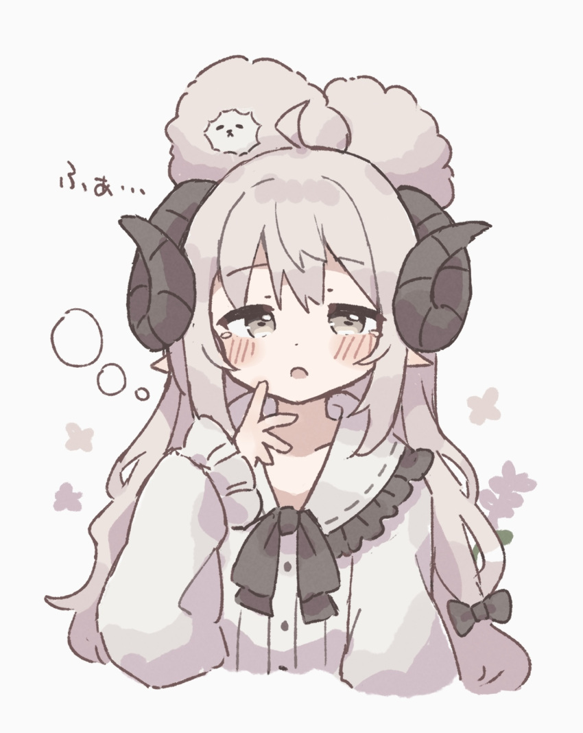 1girl :o black_bow bow colon_br grey_eyes hair_bow half-closed_eyes highres horns original sheep sheep_girl sheep_horns simple_background sleep_bubble sleepy solo upper_body white_background white_hair yawning