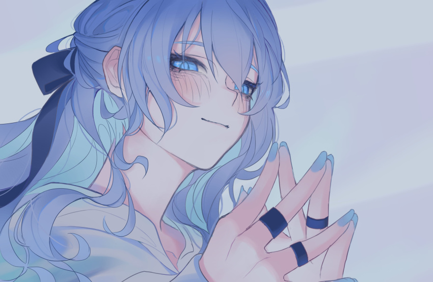 1girl absurdres black_eyeliner blue_eyes blue_hair blue_nails blush closed_mouth eyelashes eyeliner hair_between_eyes half_updo highres hololive hoshimachi_suisei jewelry light_blue_hair light_smile long_hair long_sleeves looking_at_viewer makeup mitt280204 multiple_rings nail_polish ring shirt sidelocks smile solo steepled_fingers virtual_youtuber white_shirt