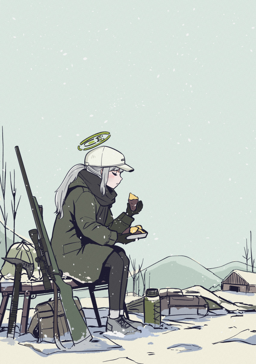 black_scarf blue_archive closed_eyes eating food gloves green_jacket grey_hair gun halo hare_(blue_archive) hare_(camp)_(blue_archive) hat highres jacket long_hair official_alternate_costume outdoors parabellum ponytail rifle scarf sitting snow snowflakes snowing solo sweet_potato weapon white_headwear