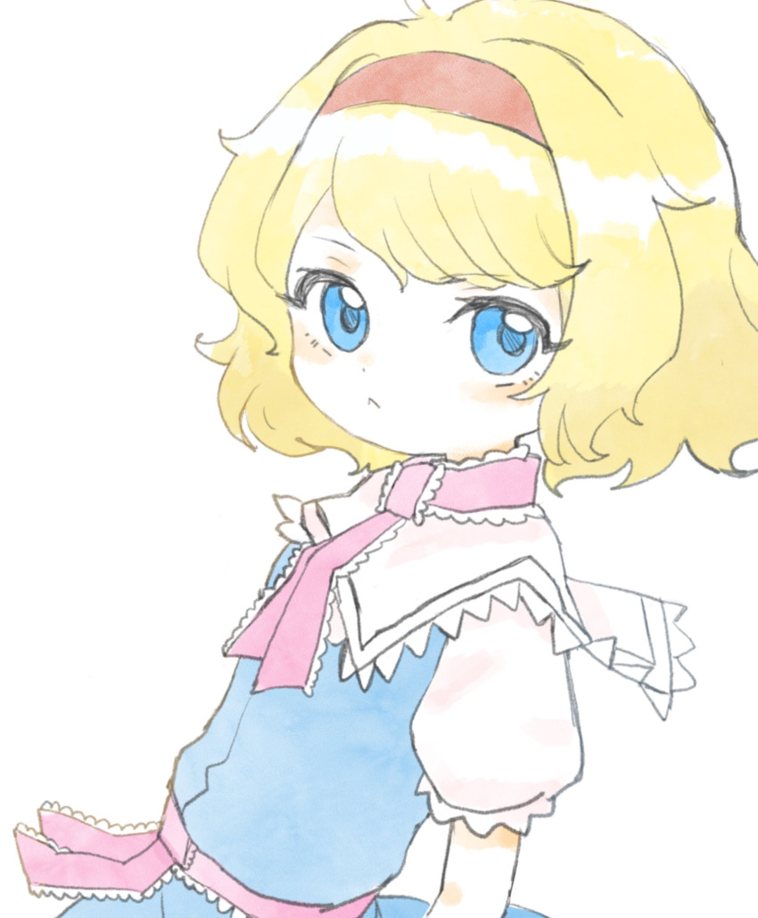 1girl :&lt; alice_margatroid belt blonde_hair blue_dress blue_eyes chibi closed_mouth collar dress frilled_collar frilled_sailor_collar frills hairband highres looking_at_viewer pink_belt pink_collar puffy_short_sleeves puffy_sleeves red_hairband sailor_collar sanunu36 short_hair short_sleeves simple_background solo touhou triangle_mouth upper_body white_background white_sailor_collar white_sleeves