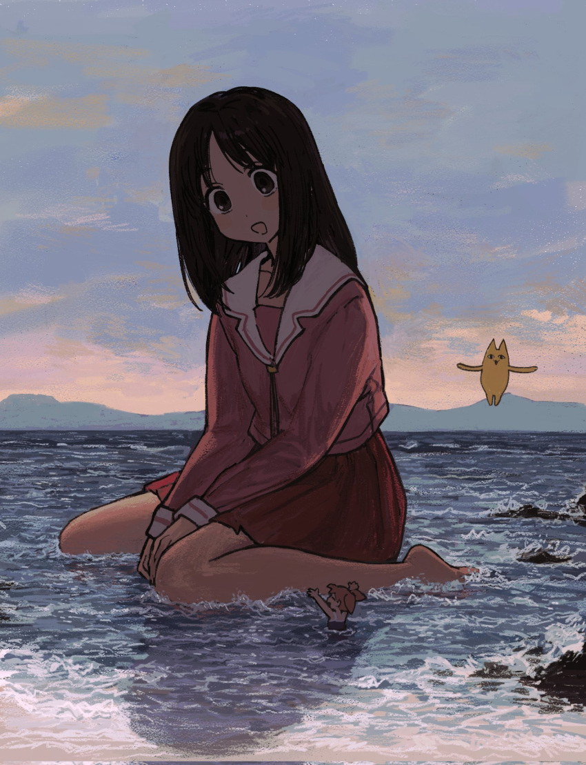 2girls azumanga_daioh azumanga_daioh's_school_uniform barefoot between_legs black_hair breasts dot_nose full_body hand_between_legs hasu_art highres in_water kasuga_ayumu light_blush long_sleeves looking_down medium_hair mihama_chiyo mihama_chiyo's_father mountainous_horizon multiple_girls ocean open_mouth outdoors parted_bangs pink_shirt pleated_skirt red_skirt school_uniform serafuku shirt sitting size_difference skirt small_breasts solo_focus sunset tareme wariza white_swimsuit winter_uniform