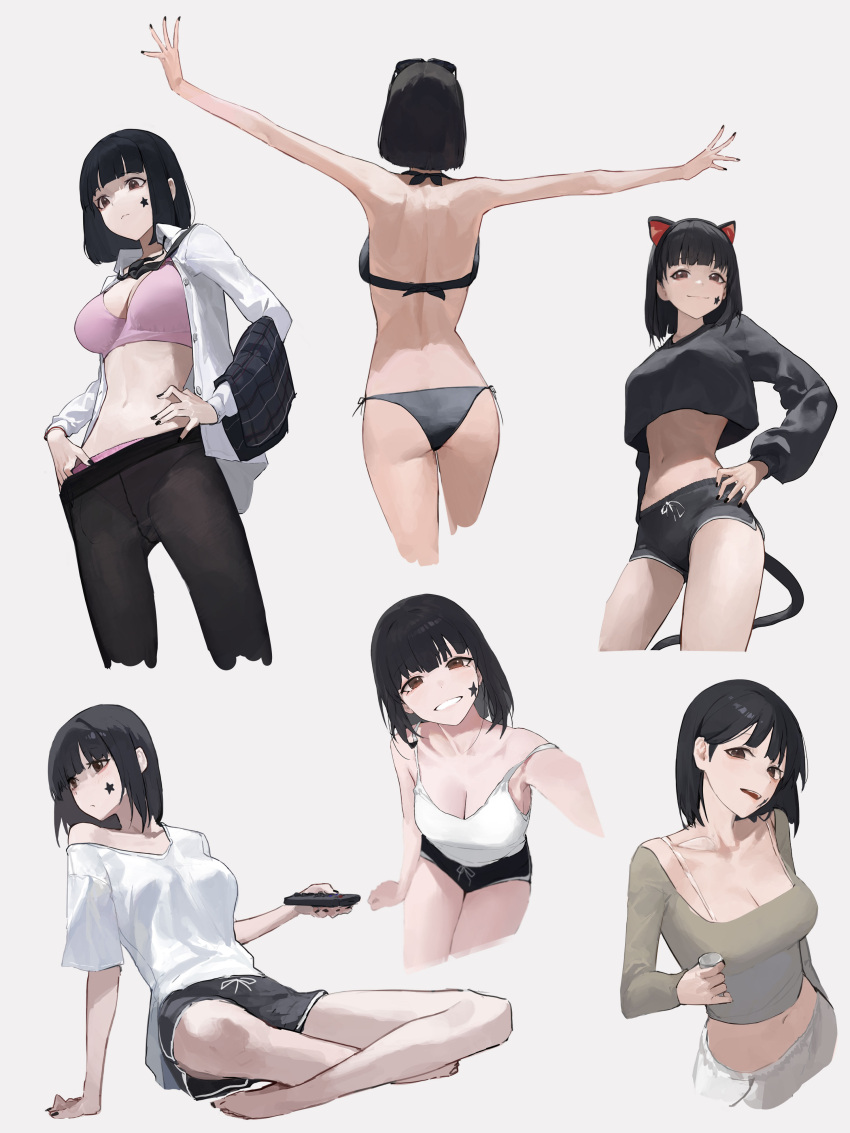 1girl absurdres animal_ears ass bikini black_bikini black_hair black_pantyhose black_shorts black_sweater bra breasts brown_eyes brown_shirt camisole cat_ears cleavage cropped_sweater dolphin_shorts eyewear_on_head facial_mark grin highres large_breasts mac_star multiple_views navel open_mouth original panties pantyhose pink_bra pink_panties shirt shorts simple_background smile star_(symbol) star_facial_mark sunglasses sweater swimsuit underwear white_background white_camisole white_shirt
