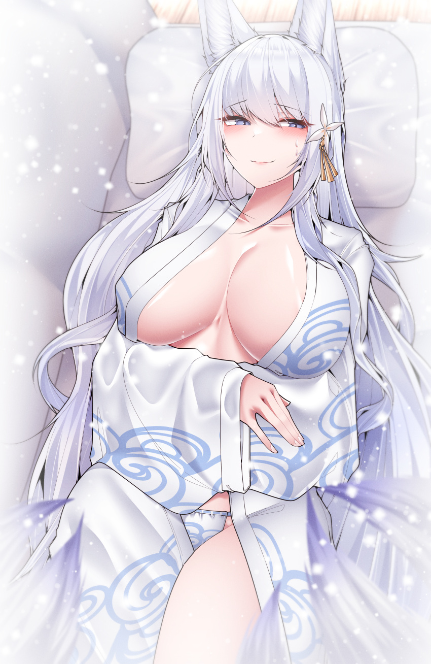 1girl absurdres alternate_costume animal_ear_fluff animal_ears azur_lane breasts cleavage fox_ears fox_girl fox_tail fundoshi hair_ornament highres japanese_clothes kimono kitsune kyuubi large_breasts large_tail long_hair lying multiple_tails on_back open_clothes open_kimono print_kimono samip shinano_(azur_lane) tail white_hair white_tail