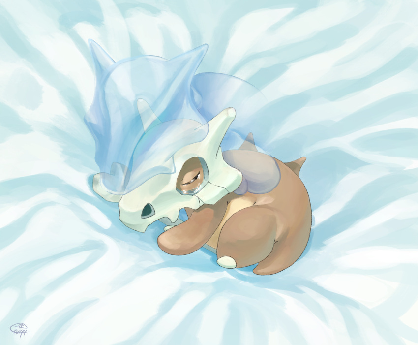 bed_sheet closed_eyes commentary_request crying cubone enrike_(enrique_mr_blue) ghost highres lying marowak no_humans pokemon pokemon_(creature) sad signature skull tears