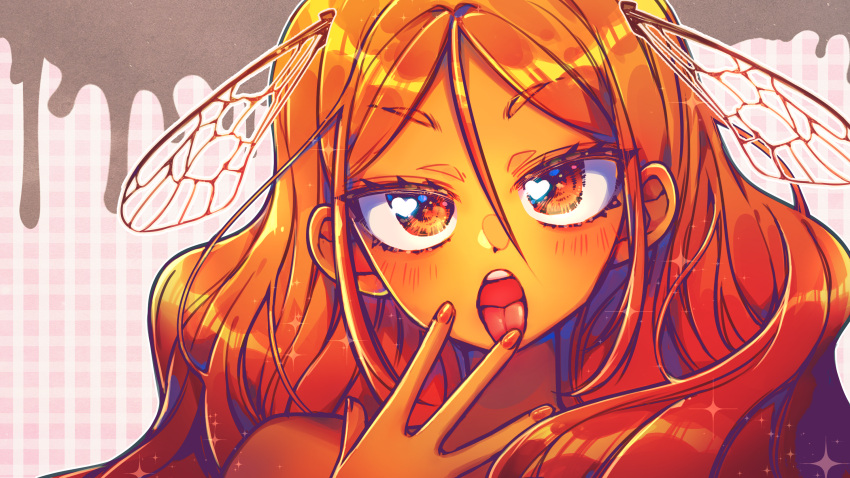 1girl blush colored_skin hair_behind_ear hair_between_eyes head_tilt head_wings highres insect_wings kuronezumi6 looking_at_viewer nude open_mouth orange_eyes orange_hair orange_skin original parted_bangs portrait solo tongue tongue_out v-shaped_eyebrows wings