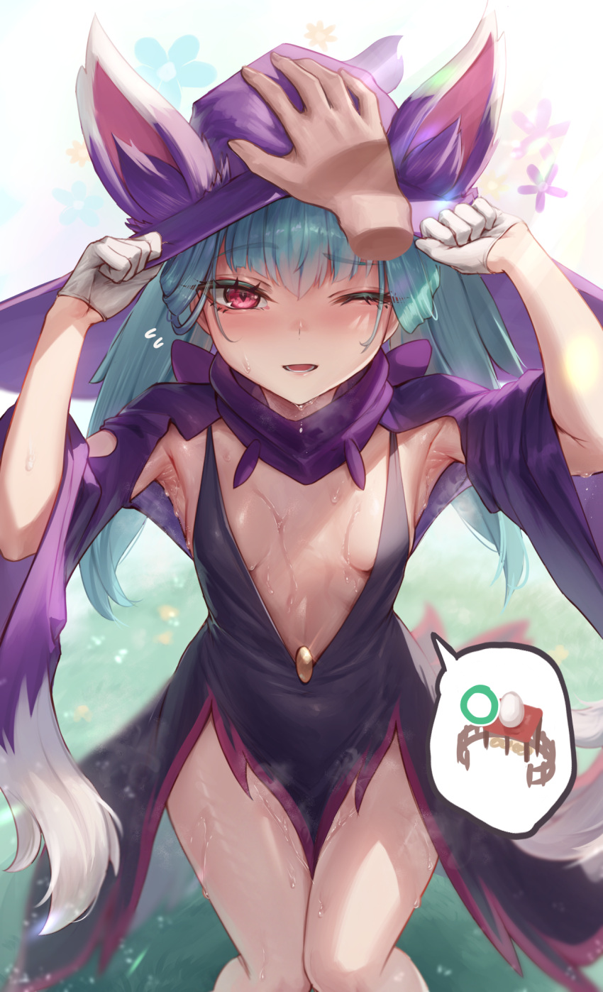 1girl animal_ear_headwear armpits black_dress blue_hair breasts cleavage disembodied_limb dress eyelashes flying_sweatdrops glint gloves hat headpat highres katress_(palworld) light_blue_hair long_hair lower_teeth_only midriff one_eye_closed open_mouth padoruu palworld personification pink_eyes purple_headwear purple_sleeves raised_eyebrows small_breasts smile solo_focus sparkle speech_bubble spoken_object steaming_body sweat teeth white_gloves wide_sleeves witch_hat