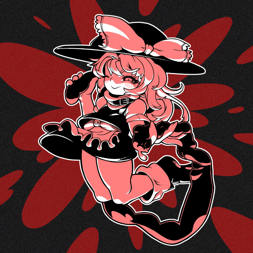 1girl :&gt; absurdres apron black_headwear blood blood_splatter blush boots bow closed_mouth commentary_request cookie_(touhou) frilled_apron frills full_body hair_between_eyes hat hat_bow highres holding jumping kirisame_marisa looking_at_viewer medium_bangs monochrome one_eye_closed red_theme shirt short_hair short_sleeves side_slit skirt smile socks solo suzu_(cookie) tonchamon_san touhou unusually_open_eyes vest waist_apron