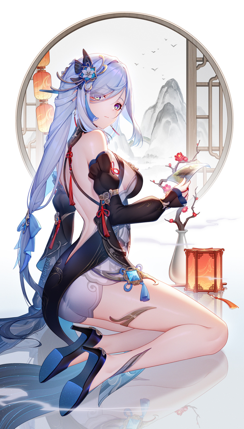 1girl absurdres ass bare_legs bare_shoulders blue_eyes blue_footwear breasts commentary_request detached_sleeves genshin_impact grey_hair hair_ornament high_heels highres holding holding_photo large_breasts lightria long_hair long_sleeves looking_at_viewer mountain official_alternate_costume photo_(object) shenhe_(frostflower_dew)_(genshin_impact) shenhe_(genshin_impact) short_shorts shorts sitting solo thighs very_long_hair white_shorts