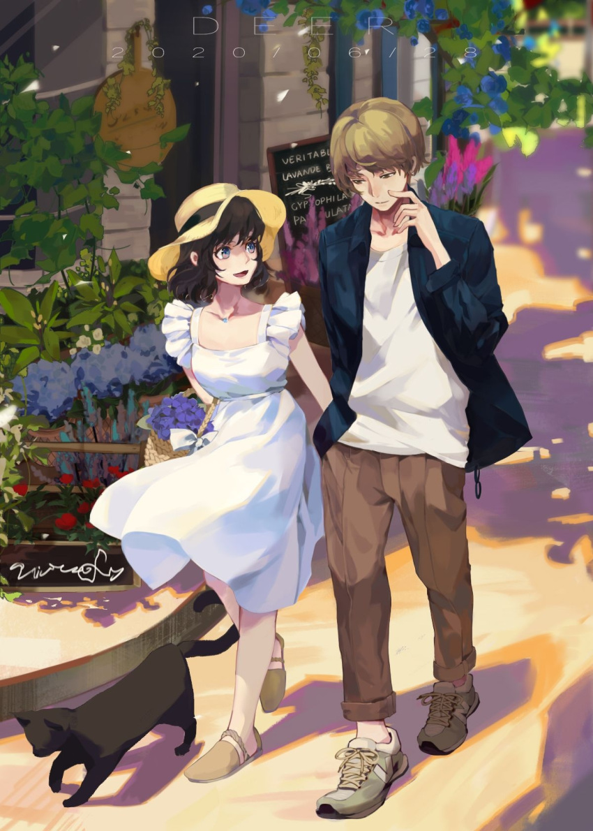 1boy 1girl :d artist_name basket black_cat black_hair breasts brown_eyes brown_hair brown_pants cat dated day deardeer1224 dress flower hat hetero highres medium_hair natsuyuki_rendezvous outdoors pants shadow shimao_atsushi shimao_rokka shirt shoes short_hair signature small_breasts smile sneakers sun_hat walking white_dress white_shirt wicker_basket