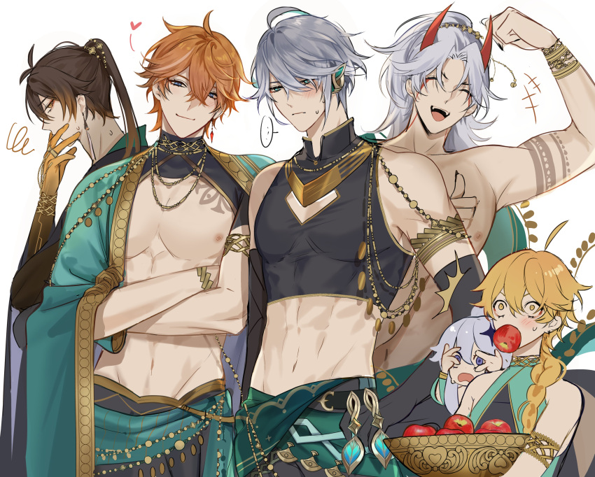 1girl 5boys abs absurdres aether_(genshin_impact) ahoge alhaitham_(genshin_impact) apple arataki_itto arm_up bangs black_hair cape crossed_arms earrings flustered food fruit genshin_impact gloves gold grey_hair high_ponytail highres horns indian_style jewelry multiple_boys necklace nipples orange_hair paimon_(genshin_impact) pnk_crow ponytail sitting smile standing surprised swept_bangs tartaglia_(genshin_impact) tattoo topless_male white_background white_hair zhongli_(genshin_impact)