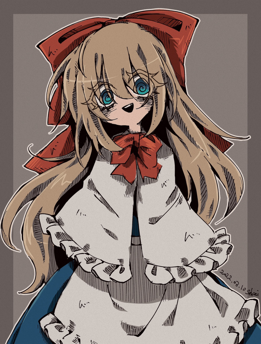 1girl @_@ apron benisuke4 blonde_hair blue_dress blue_eyes bow capelet crazy_eyes crazy_smile dress hatching_(texture) highres inset_border long_hair looking_at_viewer outline red_bow sepia_background shanghai_doll sidelocks smile solo touhou triangle_mouth upper_body white_apron white_capelet white_outline