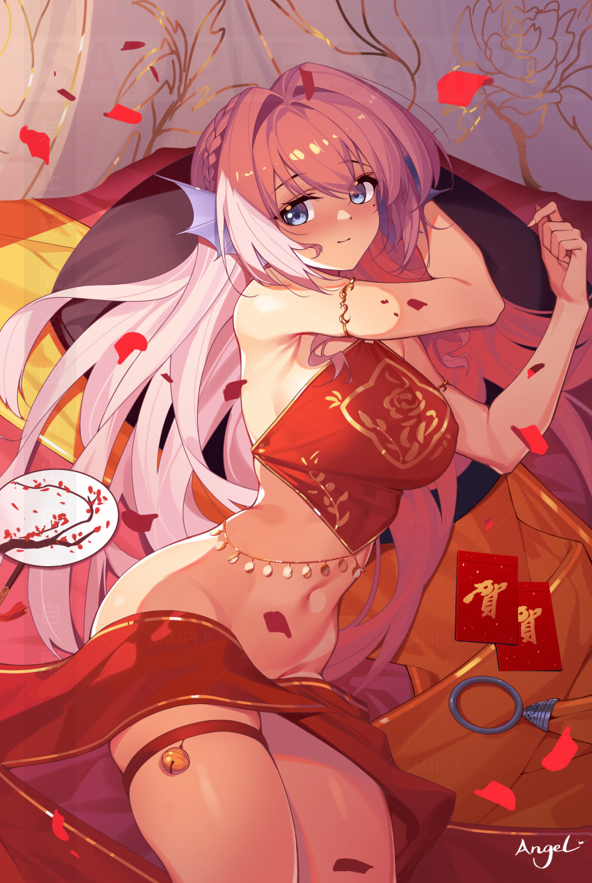 absurdres armlet blue_eyes card chinese_clothes dudou english_text falling_petals fingernails gills highres lc_angel looking_at_viewer original petals pink_hair solo