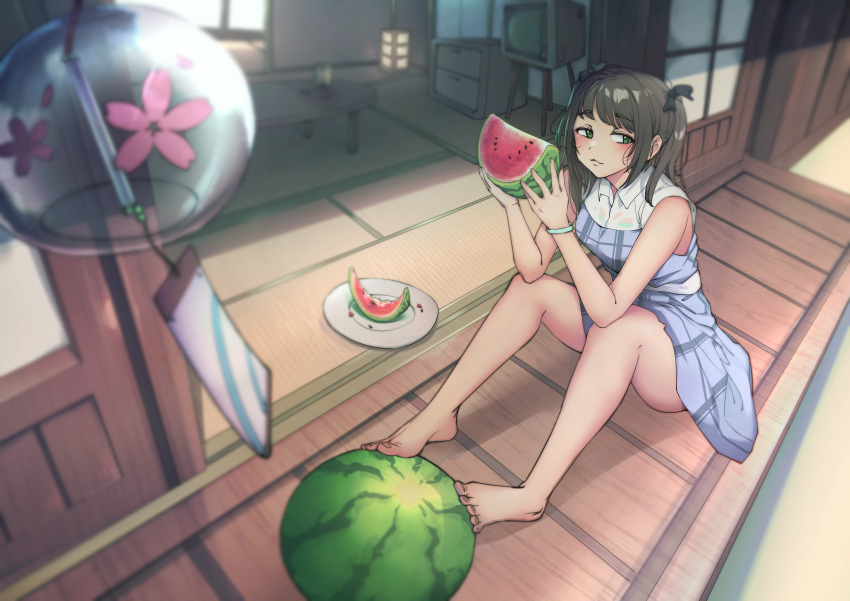 1girl absurdres barefoot black_bow blue_dress bow brown_hair day drawer dress eating feet feifufung food fruit green_eyes hair_bow highres lantern original plate porch shouji sitting sleeveless sliding_doors solo summer table tatami television toes two_side_up watermelon watermelon_slice wind_chime wristband