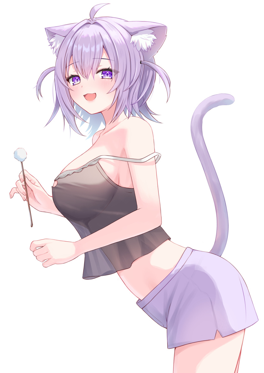 1girl absurdres ahoge animal_ear_fluff animal_ears bare_arms bare_shoulders black_camisole breasts camisole cat_ears cat_girl cat_tail commentary_request cowboy_shot from_side hair_between_eyes highres holding hololive large_breasts looking_at_viewer midriff mimikaki nekomata_okayu nekomata_okayu_(7th_costume) open_mouth purple_eyes purple_hair purple_shorts short_hair shorts smile solo strap_slip tail togemaru34 two_side_up virtual_youtuber