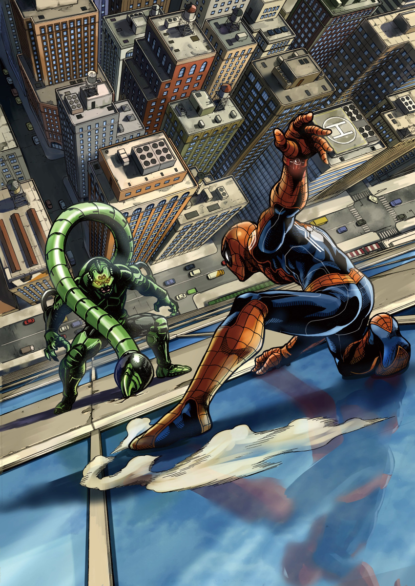 2boys absurdres blue_bodysuit bodysuit city dust extra_eyes fighting glowing glowing_eyes highres looking_ahead male_focus marvel mechanical_tail multiple_boys official_art onomae_yuu oosawa_yuusuke open_hand open_hands power_armor scorpion_(marvel) spider-man spider-man:_itsuwari_no_aka spider-man_(series) squatting superhero tail yellow_eyes