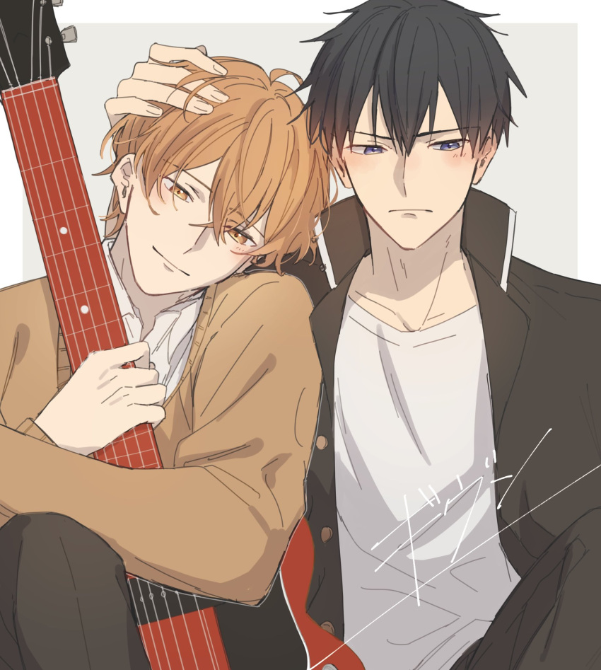 2boys black_hair blush given guitar hand_on_another's_head highres holding holding_instrument instrument looking_at_viewer looking_to_the_side male_focus multiple_boys orange_hair satou_mafuyu shirt simple_background sitting smile uenoyama_ritsuka white_shirt yaoi