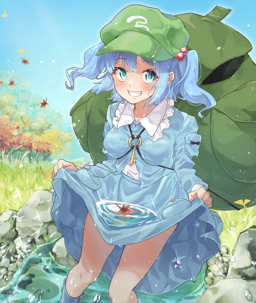 1girl aqua_eyes autumn autumn_leaves bare_legs black_bow blue_dress blue_footwear blue_hair boots bow breasts commentary_request daiwa_uho dress dress_bow falling_leaves frilled_shirt frills ginkgo_leaf ginkgo_tree grass green_bag green_headwear grin hair_bobbles hair_ornament hat highres kawashiro_nitori key leaf looking_at_viewer motion_blur o-ring pocket puddle ripples rock shirt short_hair short_twintails skirt_hold sky small_breasts smile solo standing touhou tree twintails twitter_username water water_drop watermark wet wet_clothes wet_dress