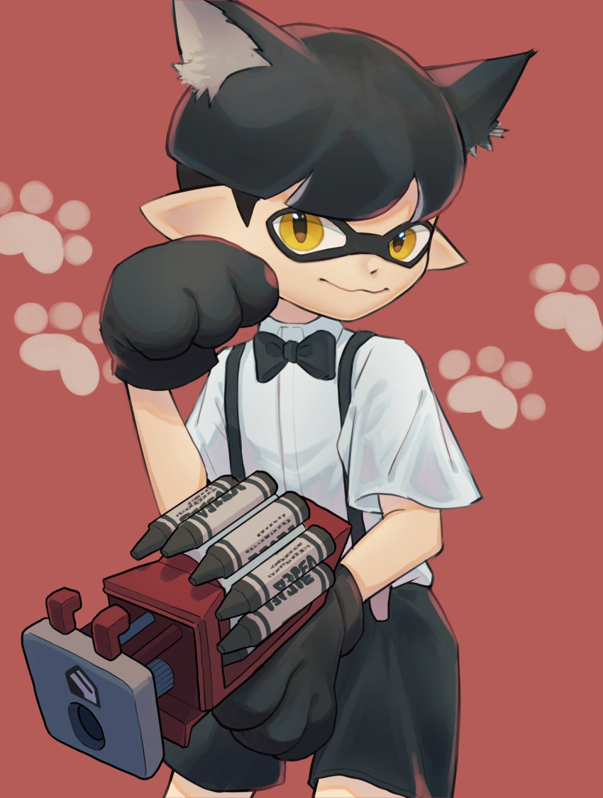 1boy animal_ear_fluff animal_ears black_bow black_bowtie black_hair black_shorts bow bowtie cat_ears clash_blaster_(splatoon) closed_mouth gun highres holding holding_gun holding_weapon inkling_boy inkling_player_character nastar_r0 paw_pose pointy_ears red_background shirt short_hair shorts simple_background smile solo splatoon_(series) splatoon_3 suspenders weapon white_shirt yellow_eyes