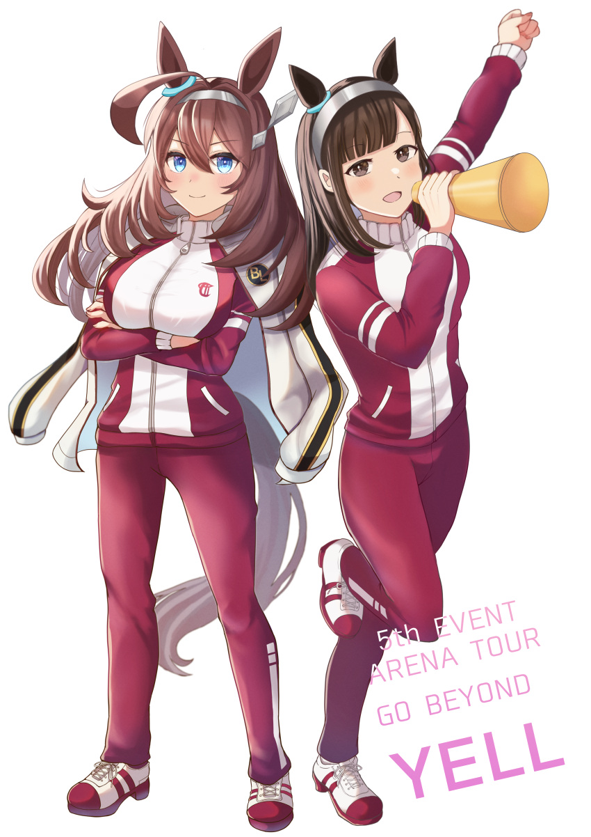 absurdres animal_ears blue_eyes breasts brown_hair commentary_request crossed_arms hairband hasegawa_ikumi highres horse_ears horse_girl horse_tail jacket kaniitama large_breasts long_hair medium_breasts megaphone mihono_bourbon_(umamusume) real_life tail tracen_training_uniform track_jacket umamusume voice_actor_connection white_background white_hairband