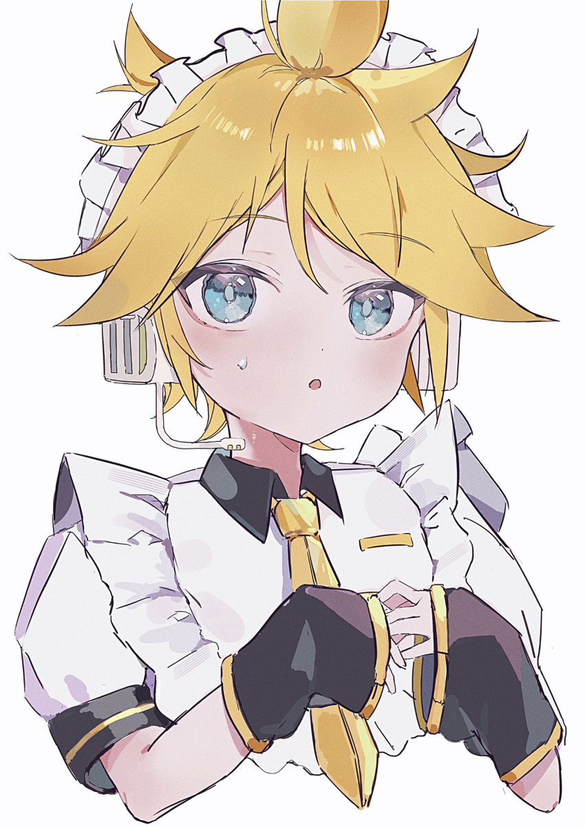 1boy :o apron bishounen black_sleeves blonde_hair blue_eyes crossdressing detached_sleeves geometry682 headphones highres kagamine_len light_blush maid maid_apron maid_headdress male_focus messy_hair necktie open_mouth own_hands_together puffy_short_sleeves puffy_sleeves short_hair short_ponytail short_sleeves simple_background solo sweatdrop upper_body vocaloid white_background yellow_necktie