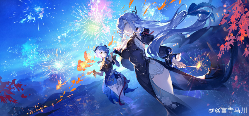 2girls absurdres ahoge black_dress black_sleeves blue_dress blue_eyes blue_hair blue_sky closed_mouth commentary_request detached_sleeves dress dutch_angle feet_out_of_frame fireworks fish flying_fish ganyu_(genshin_impact) ganyu_(twilight_blossom)_(genshin_impact) genshin_impact goat_horns hands_up highres holding_fireworks horns long_hair looking_at_viewer multiple_girls official_alternate_costume outdoors parted_bangs shenhe_(frostflower_dew)_(genshin_impact) shenhe_(genshin_impact) shorts sky sleeveless sleeveless_dress sparkler wading water white_shorts yu_jiu